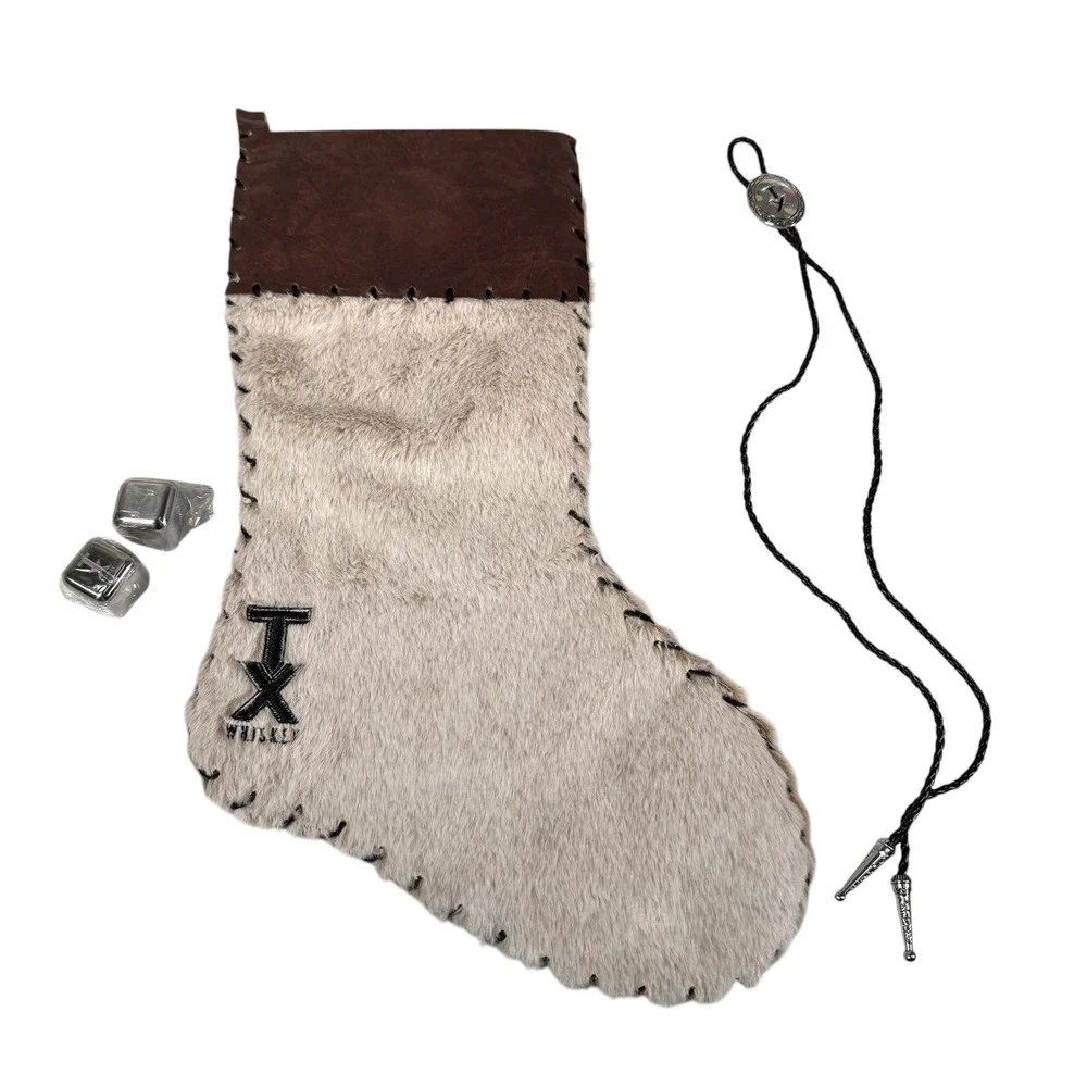 TX Whiskey Christmas Stocking‎ Western Rustic Faux Fur Bolo Tie Ice Cube Set NEW